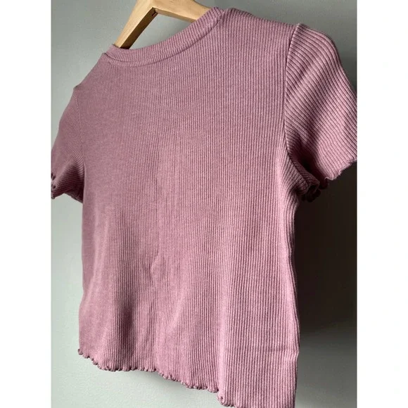 American Eagle Dusty Rose Pink Ribbed Henley Cropped T Shirt Lettuce Hem XS - Picture 8 of 10